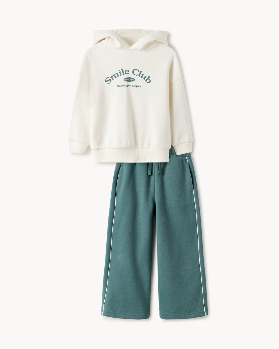 image 1 of F&F Boys Cotton Rich Slogan Hoodie and Joggers Set in Cream