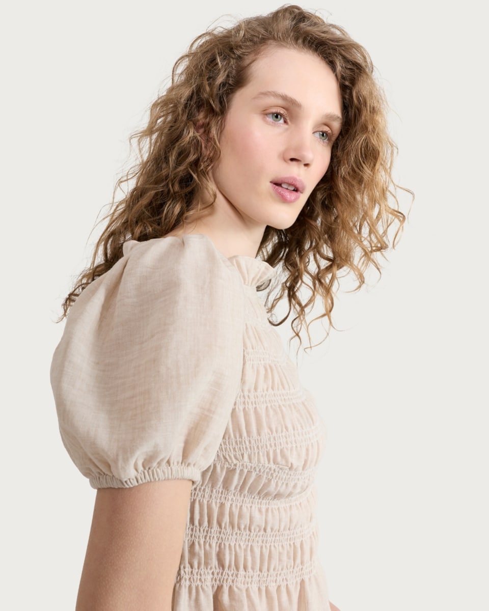 image 1 of F&F Shirred Peplum Puff Sleeved Blouse in Neutral