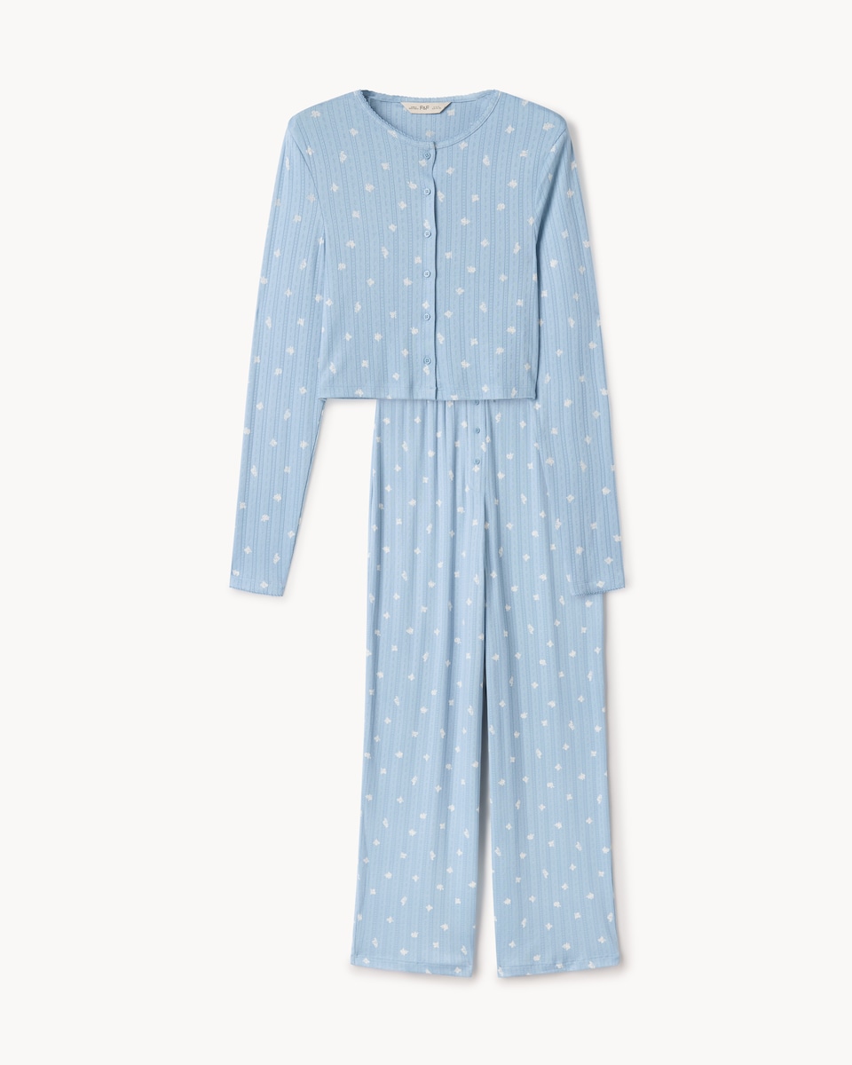 image 1 of F&F Pointelle Floral Pyjama Set in Blue