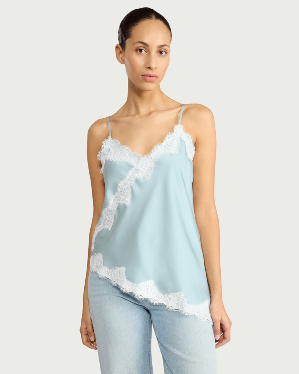 image 1 of F&F Asymmetric Hem Lace Trim Cami Top in Blue