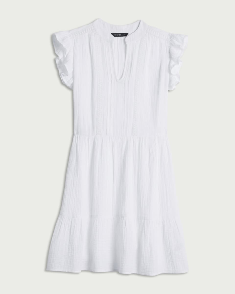 image 1 of F&F Pure Cotton Double Cloth Ruffle Sleeved Tiered Dress in White