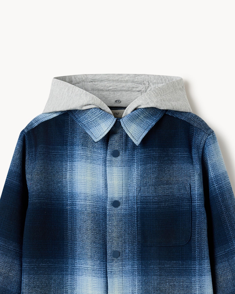 image 1 of F&F Boys Check Hooded Shirt in Blue