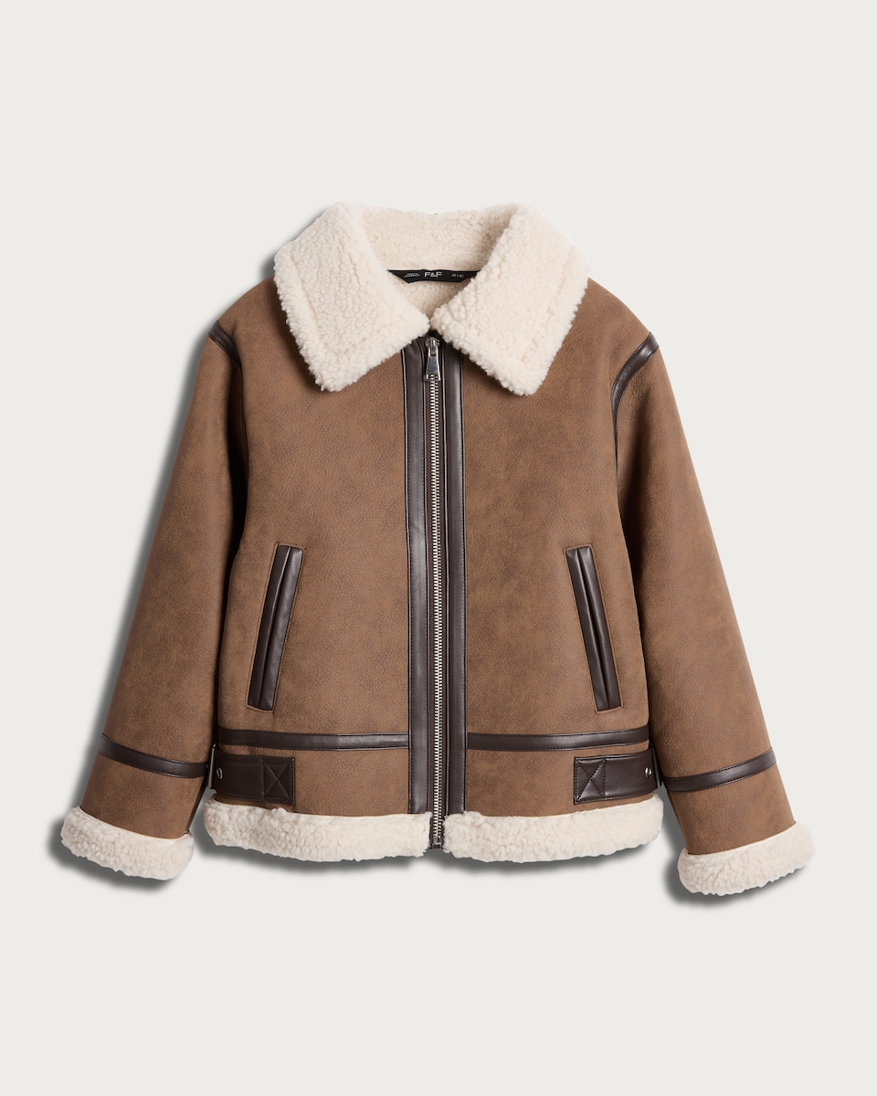 image 1 of F&F Girls Faux Shearling Aviator Jacket in Brown