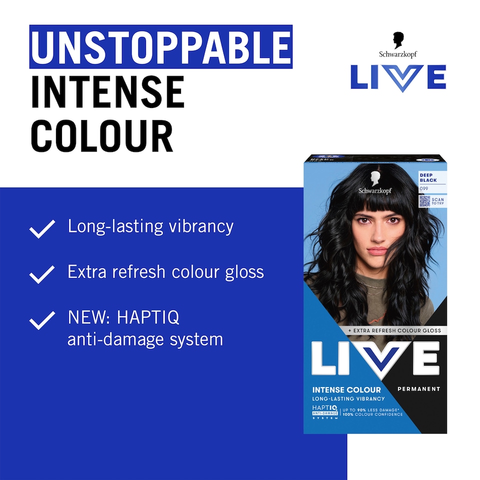 image 1 of Schwarzkopf LIVE Intense Colour 099 Deep Black Permanent Hair Dye