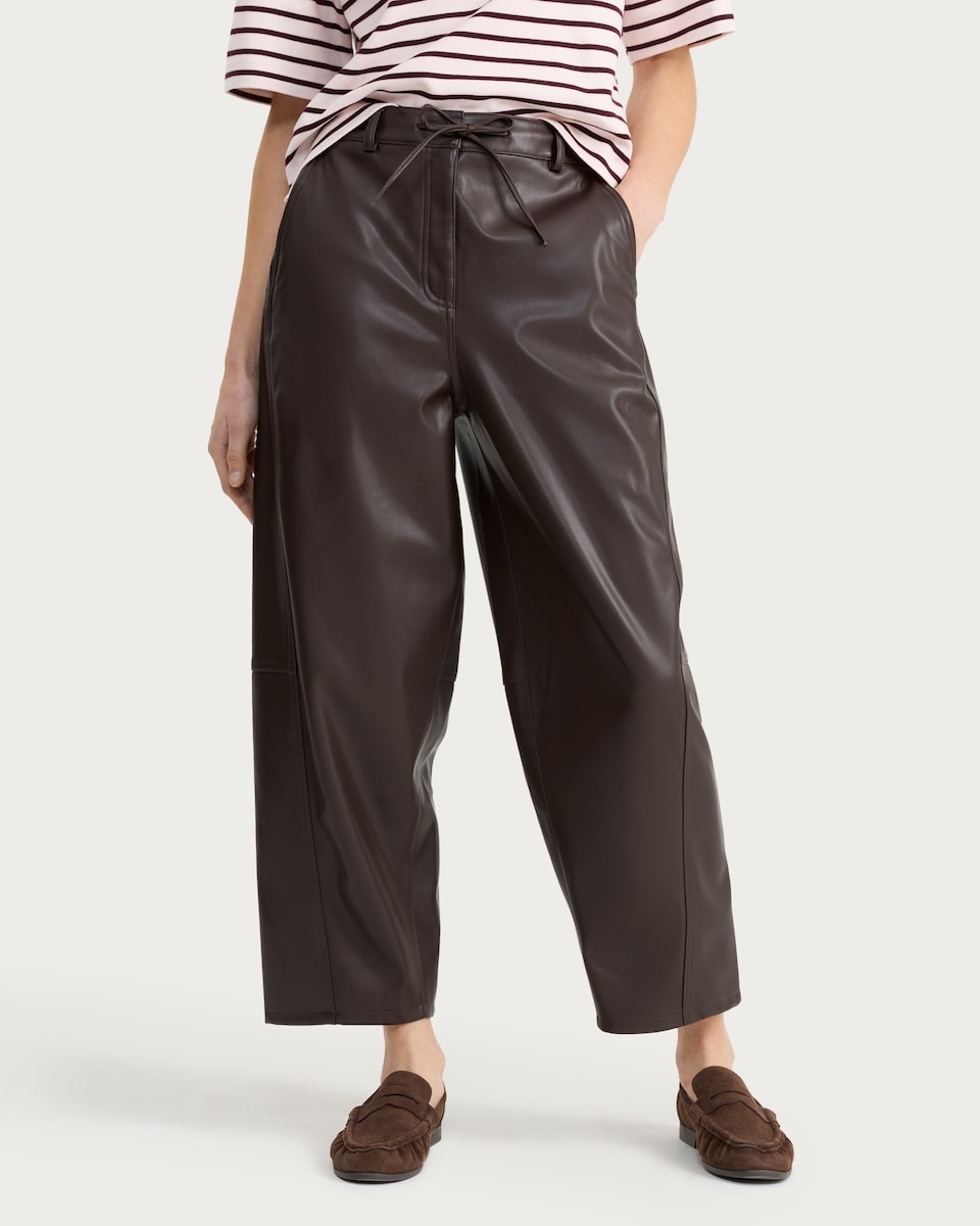 image 1 of F&F Faux Leather Barrel Leg Drawstring Trousers in Brown