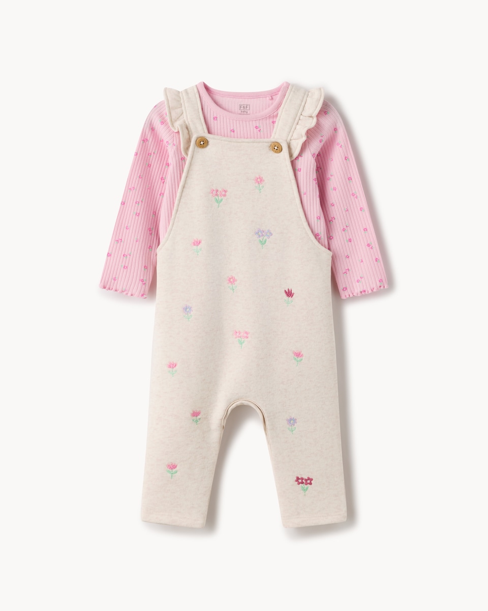 image 1 of F&F Baby 2-Piece Embroidered Floral Dungarees and Bodysuit Set in Neutral
