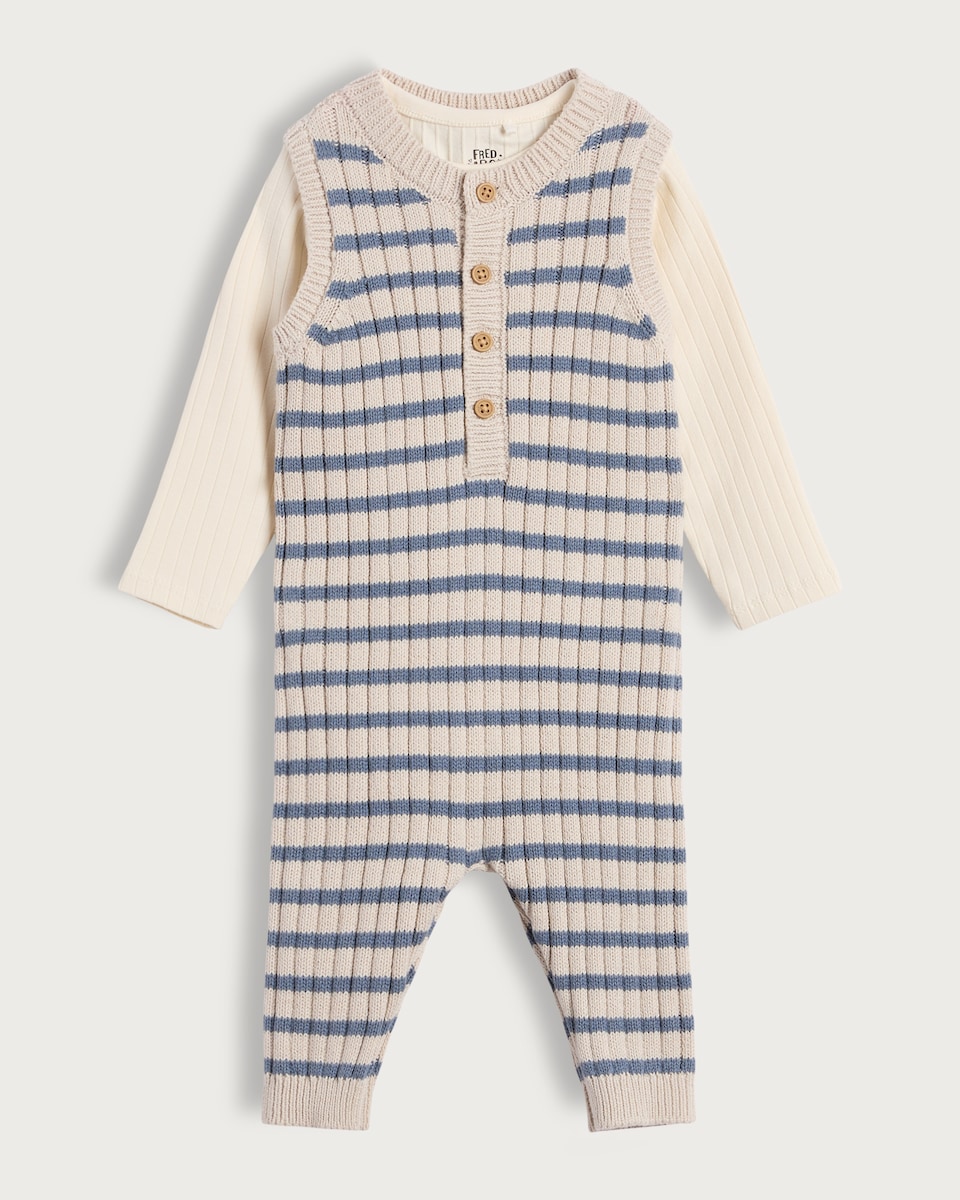 image 1 of F&F Baby 2-Piece Cotton Rich Striped Button Front Romper and Bodysuit Set in Blue