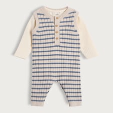 F&F Baby 2-Piece Cotton Rich Striped Button Front Romper and Bodysuit Set in Blue