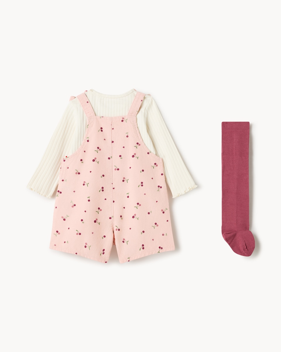 image 1 of F&F Baby Floral Dungarees, Bodysuit and Tights Set in Pink