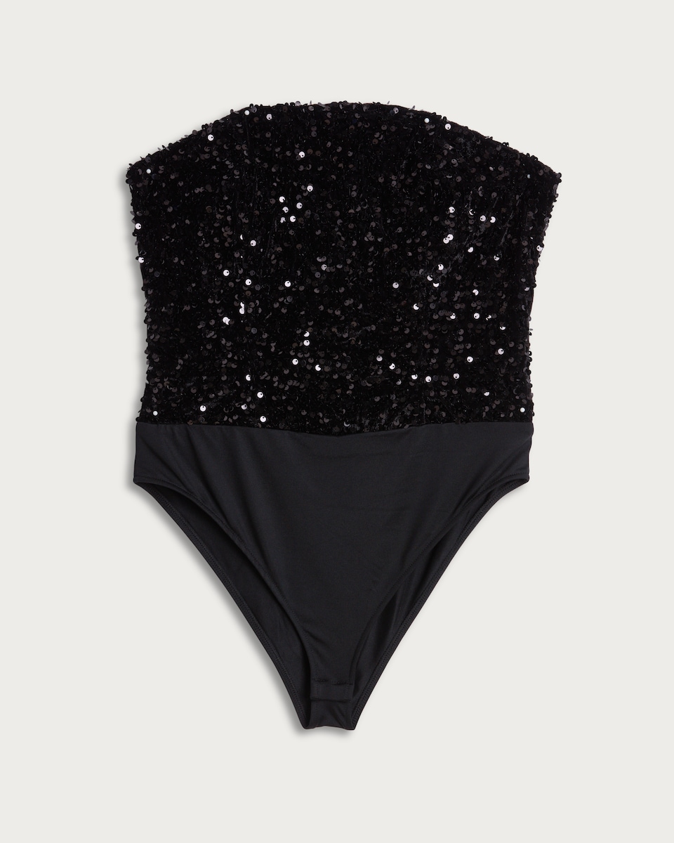 image 1 of F&F Faux Velvet Sequin Embellished Bandeau Bodysuit in Black