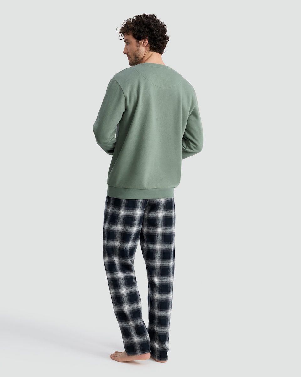 image 1 of F&F Cotton Rich Sweatshirt and Check Trousers Pyjamas Set in Khaki