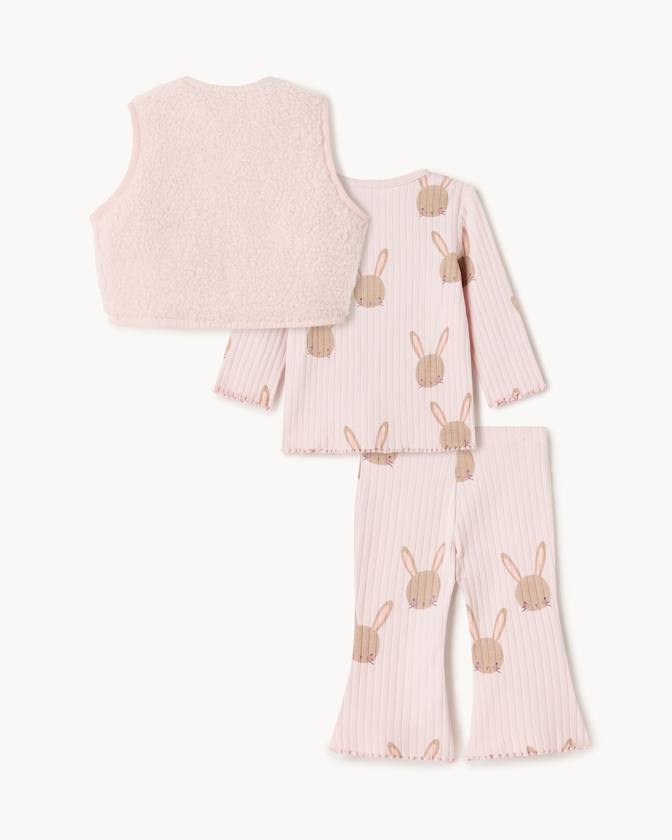 image 1 of F&F Baby Fleece Gilet, Bunny Top and Flared Leggings Set in Pink