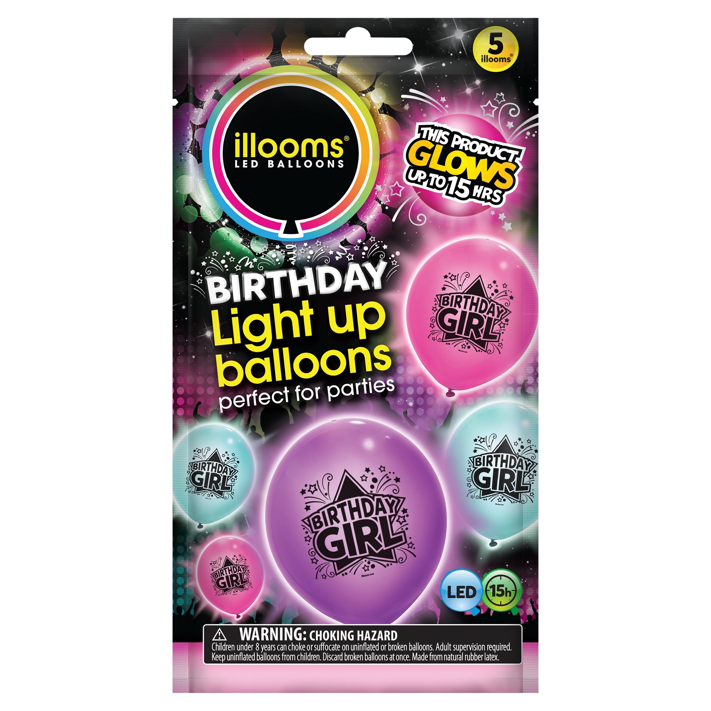 Birthday Girl Illoom Balloons 5 pack of blue pink purple happy birthday illooms