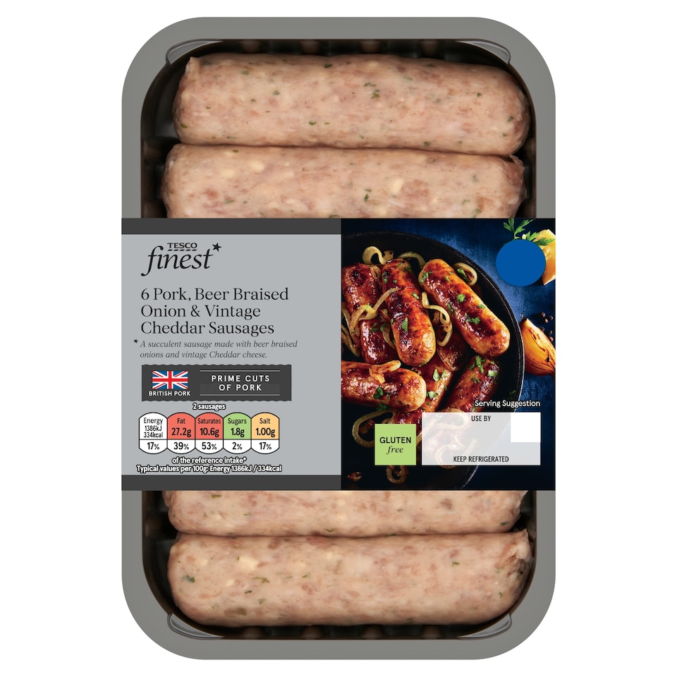 Tesco Finest Pork, Cheddar & Beer Braised Onion Sausages 400g