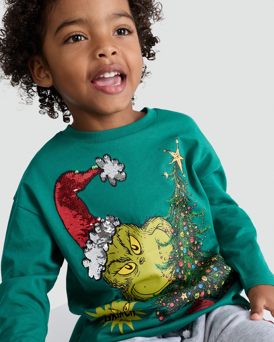 image 1 of The Grinch Pure Cotton Christmas Tree Print Top in Green