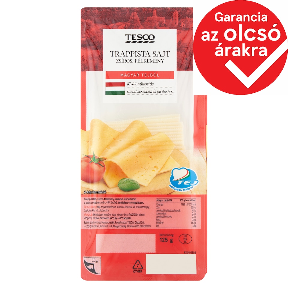 Tesco szeletelt, zsíros, félkemény trappista sajt 125 g