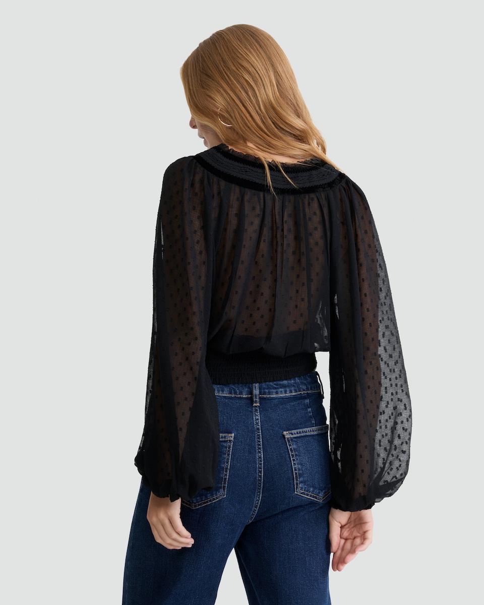 image 1 of F&F Chiffon Dobby Velvet V Neck Blouse in Black
