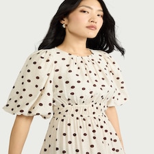 F&F Shirred Polka Dot Midi Dress in Cream