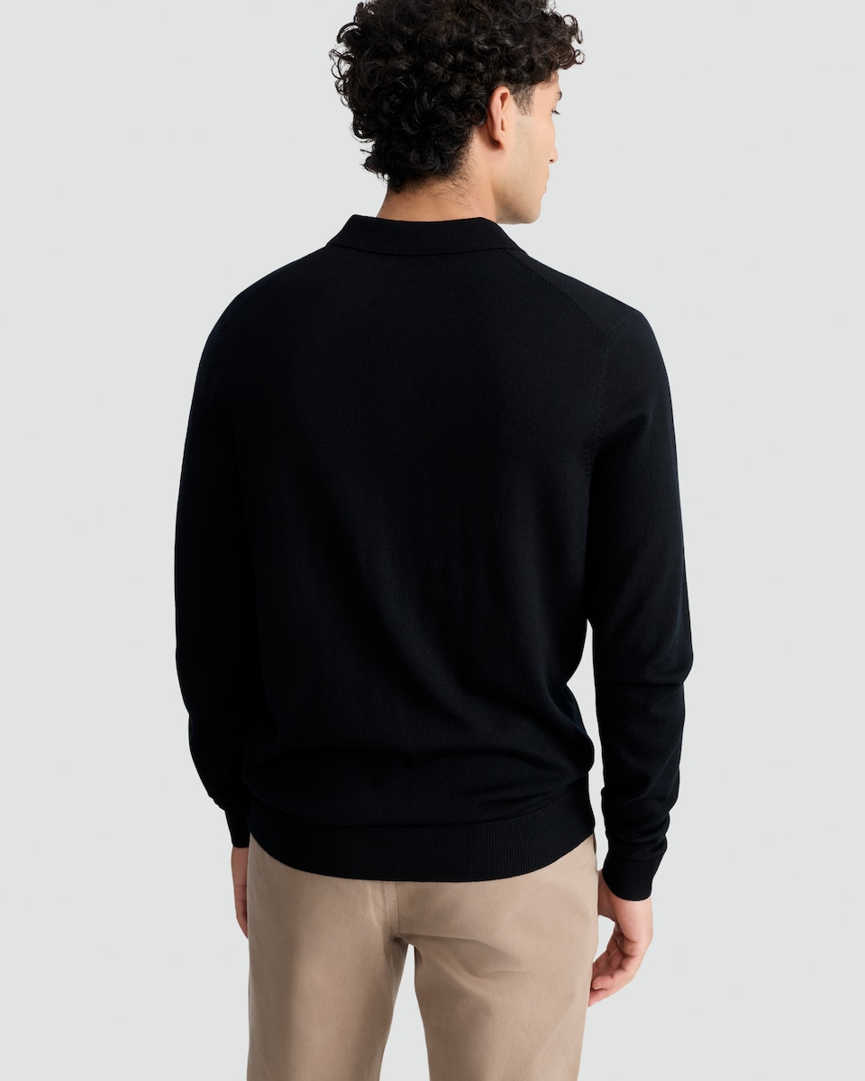 image 1 of F&F Pure Merino Wool Long Sleeved Polo Shirt in Black