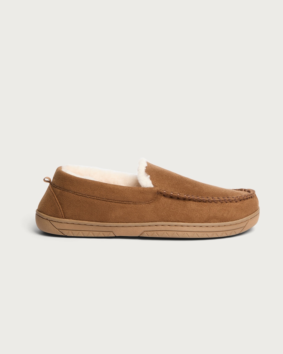 image 1 of F&F Faux Suede Fur Lined Moccasin Slippers in Tan