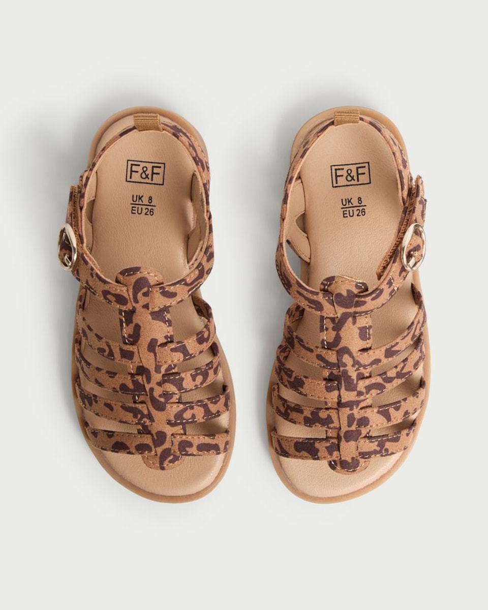 image 1 of F&F Girls Leopard Print Strappy Sandals in Neutral