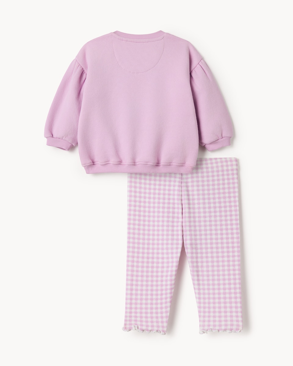 image 1 of F&F Baby 2-Piece Cotton Rich Appliqué Pear Sweatshirt and Gingham Leggings Set in Purple
