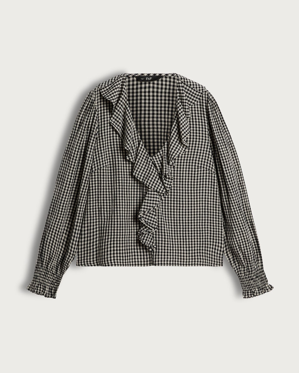 image 1 of F&F Cotton Blend Gingham Ruffle Blouse in Multi Black White