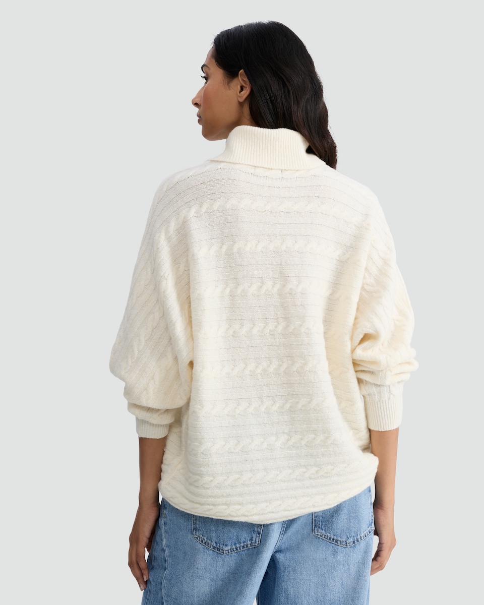 image 1 of F&F Cable Knit Roll Neck Batwing Jumper with Wool in Cream