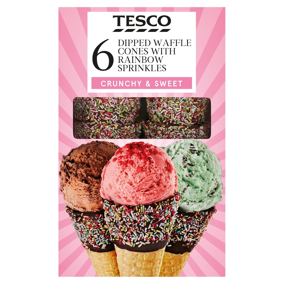 Tesco 6 Dipped Waffle Cones With Sprinkles 150g