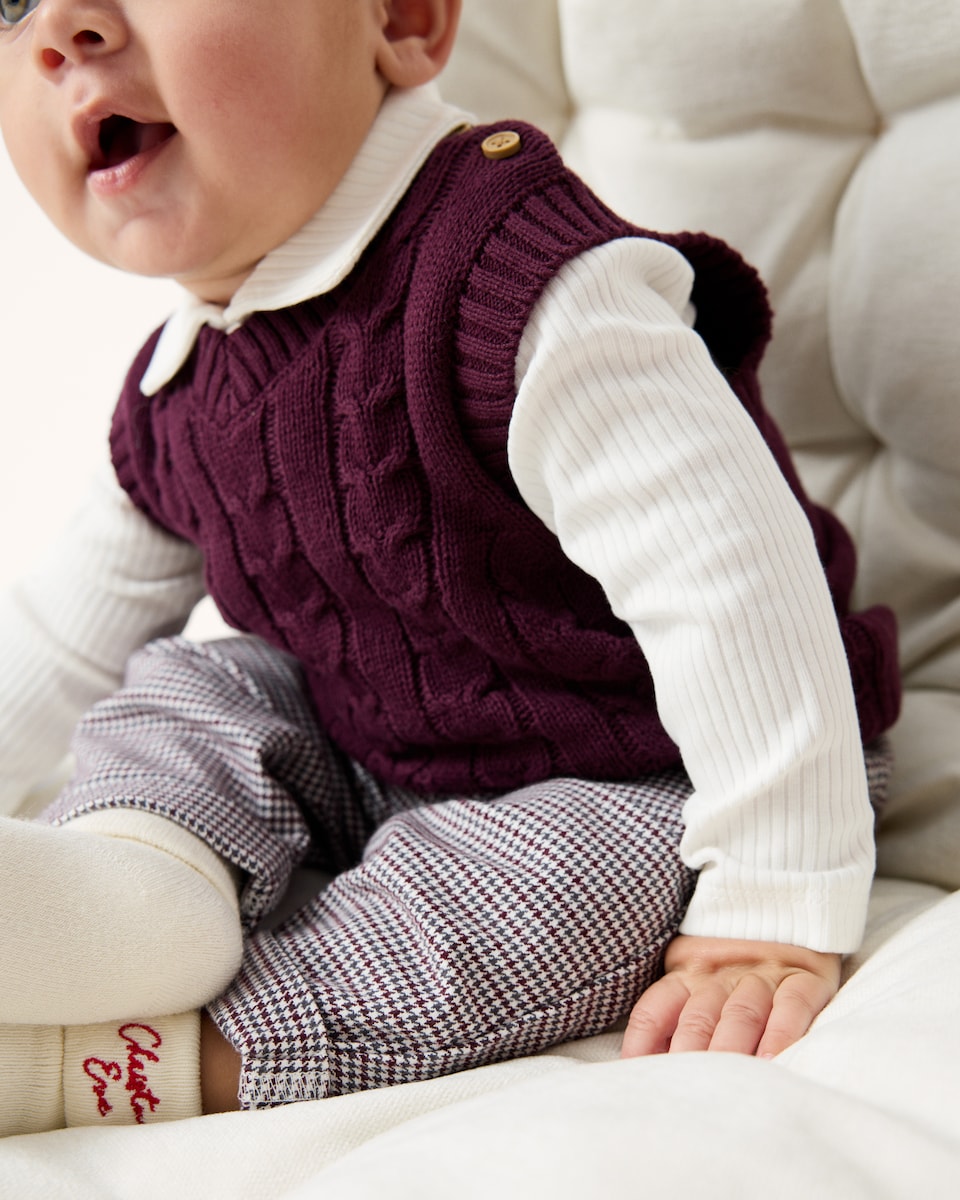 image 1 of F&F Baby Cotton Rich Knitted Vest, Bodysuit and Trousers Set in Burgundy