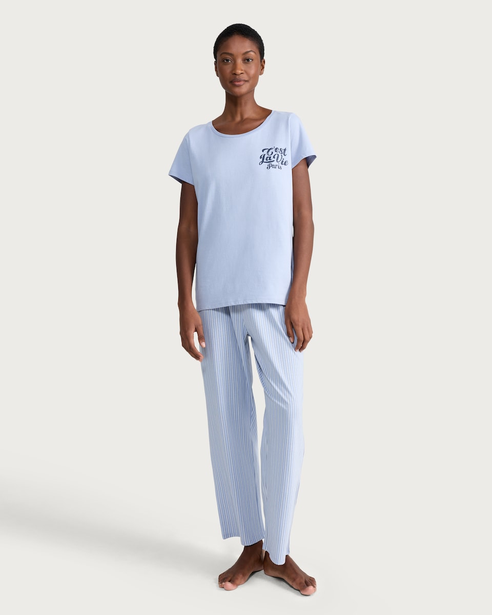 image 1 of F&F Pure Cotton Slogan Pyjama Set in Blue