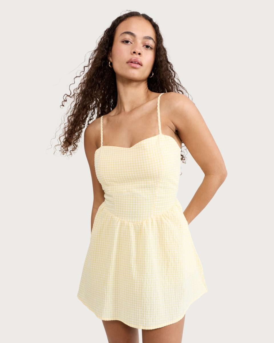 image 1 of OH ME OH MY Cotton Rich Gingham Strappy Mini Dress in Yellow