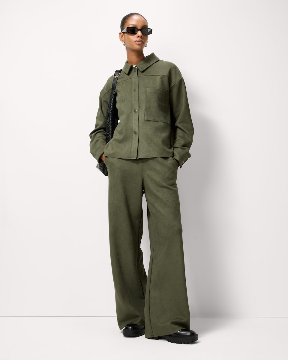 image 1 of F&F Faux Suede Wide Leg Co-ord Trousers in Khaki