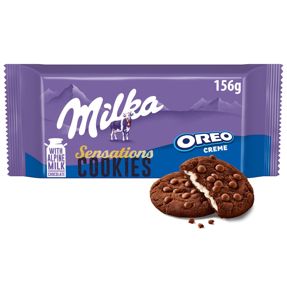 Milka Sensations Cookie Oreo kakaové sušienky s kúsky mliečnej čoko. ,náplňou s vanil. prích. 156 g