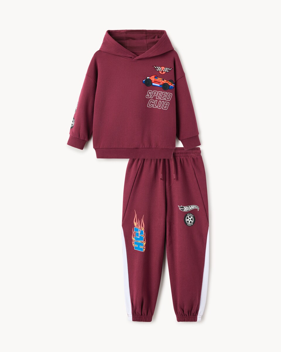 image 1 of Hot Wheels Cotton Rich Racing Hoodie and Joggers Set in Burgundy