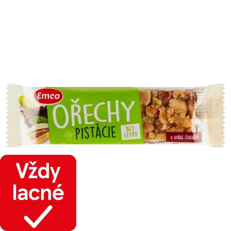 Emco Arašidová tyčinka s mandľami a pistáciami polomáčaná v horkej čokoláde 35 g
