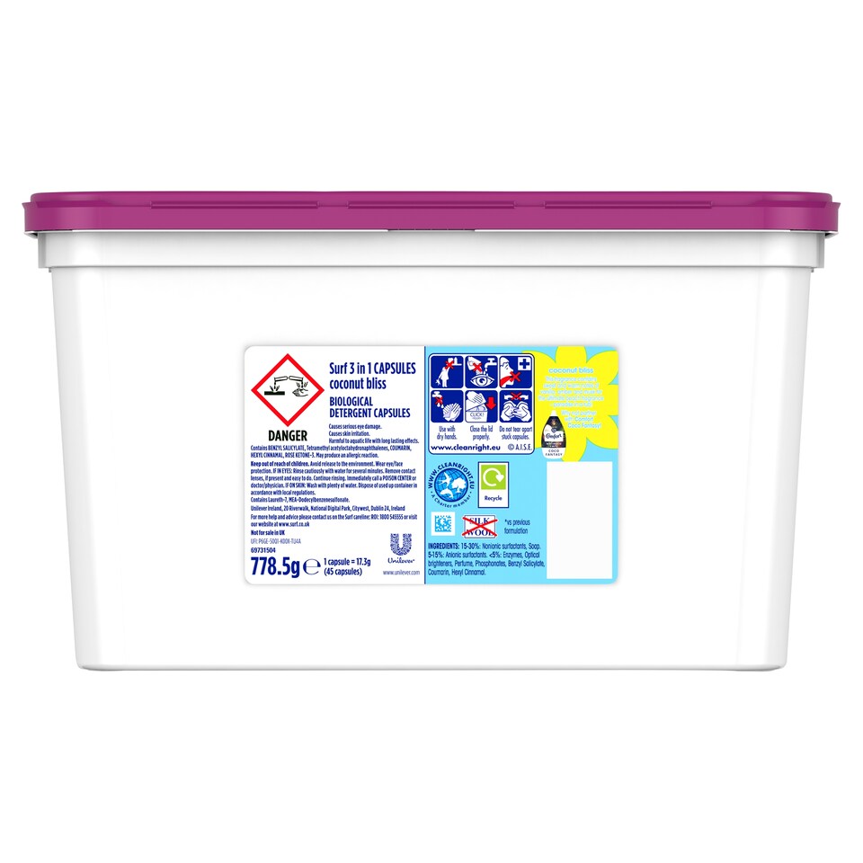 image 1 of Surf 3In1 Coconut Bliss Dtrg Capsules 45 Washes 778.5G