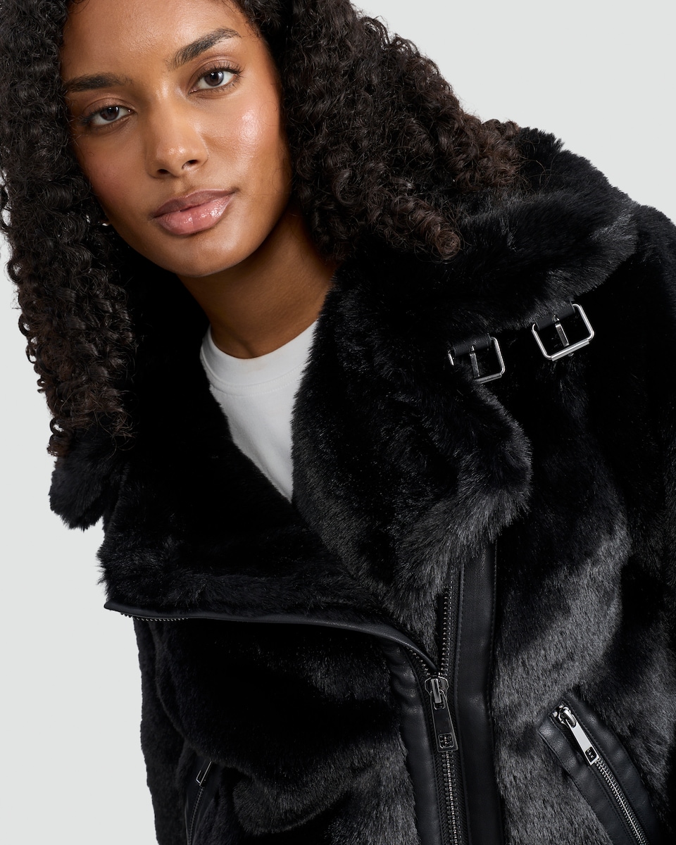 image 1 of F&F Faux Fur Aviator Jacket in Black