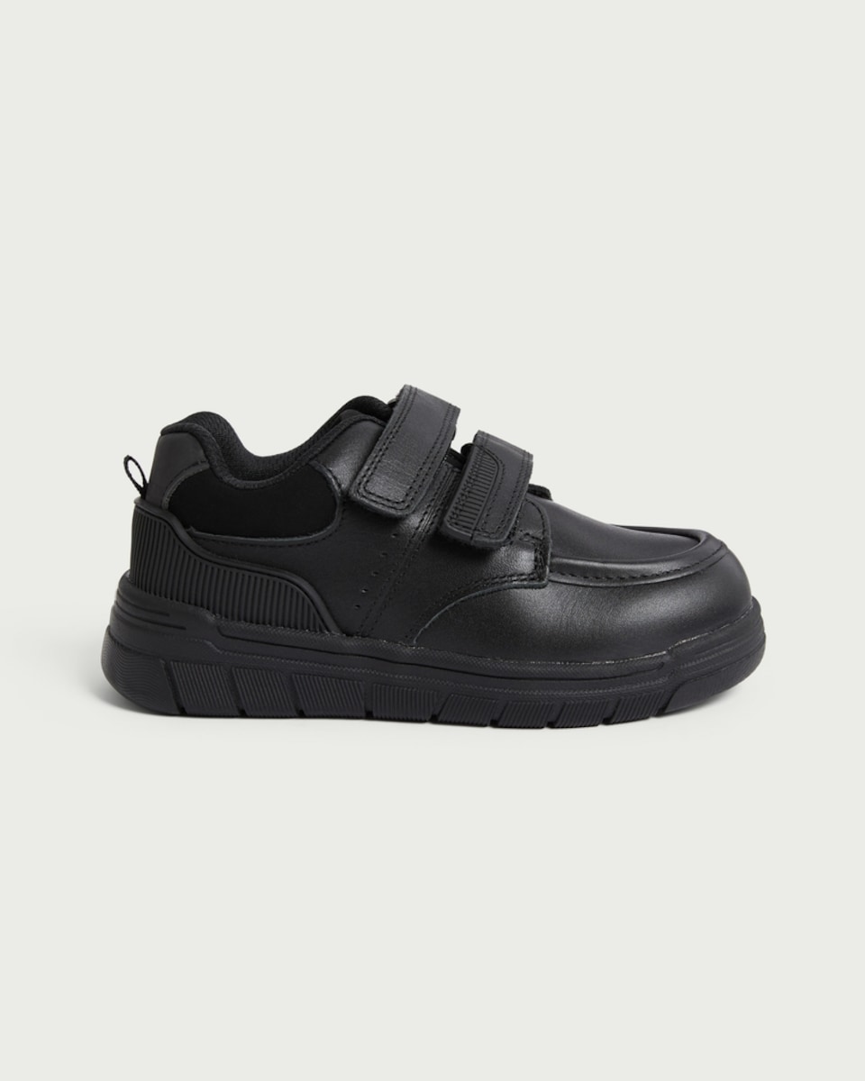 image 1 of F&F School Boys Leather Strap Fastening Trainers in Black