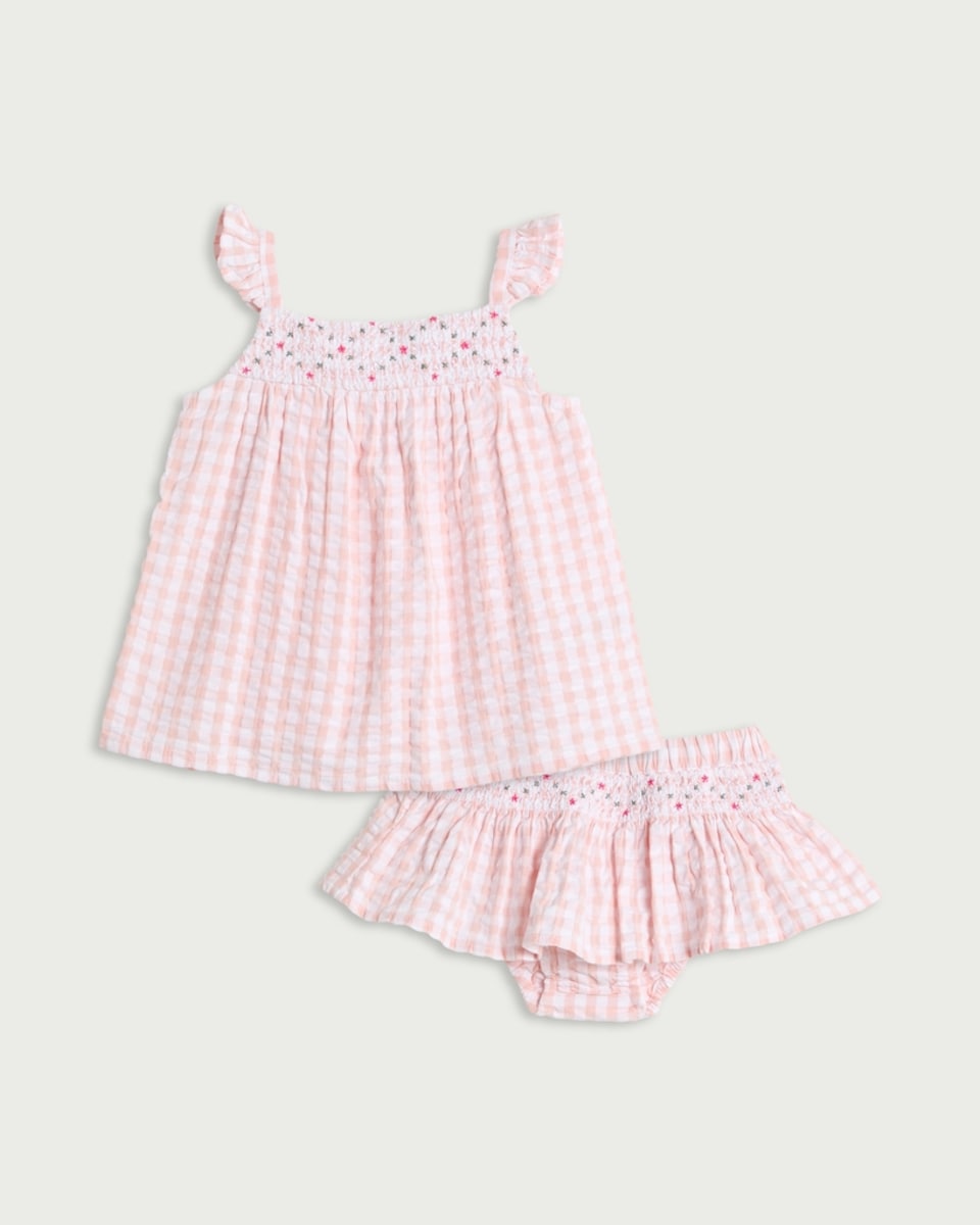 image 1 of F&F Baby 2-Piece Pure Cotton Gingham Vest and Bloomers Set in Pink