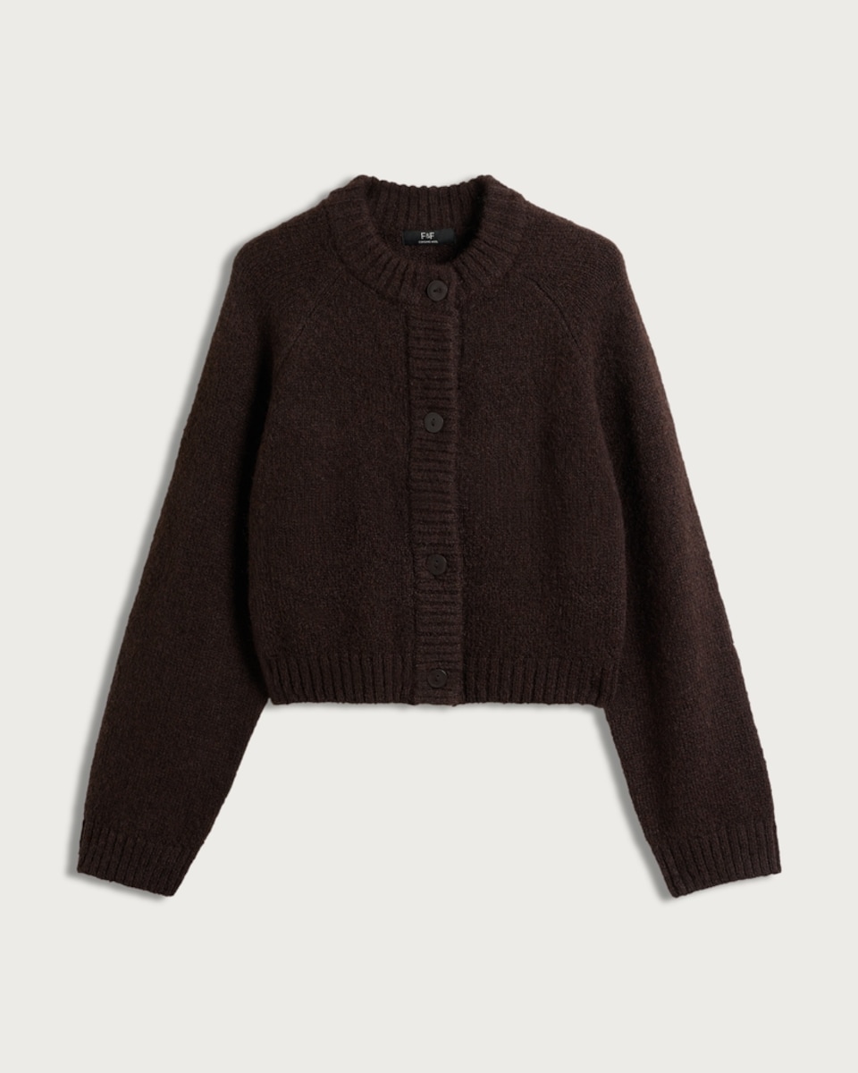 F&F Textured Button Up Cropped Cardigan with Wool in Brown
