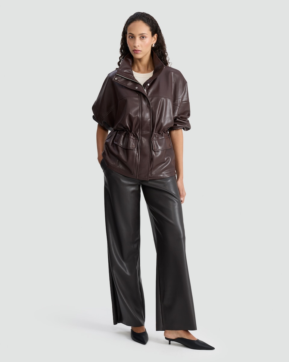image 1 of F&F Faux Leather High Neck Jacket in Brown