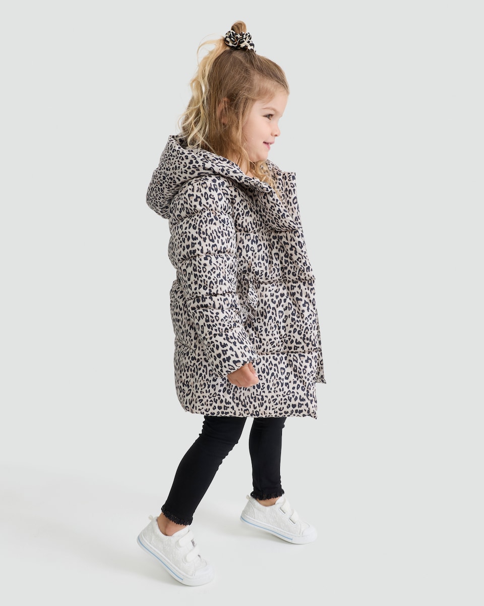 image 1 of F&F Girls Leopard Print Belted Hooded Puffer Coat in Multi Brown
