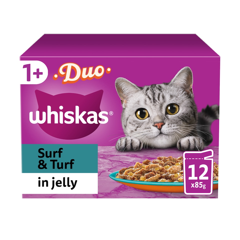 image 1 of Whiskas Duo Surf & Turf Adult Cat Food Pouches in Jelly 12x85g