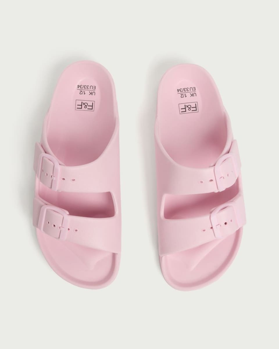 image 1 of F&F Girls Double Strap Buckle Sliders in Pink