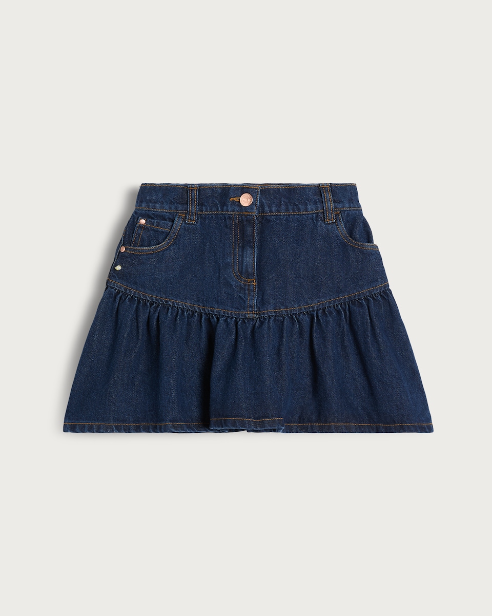 image 1 of F&F Girls Pure Cotton Tiered Denim Skirt in Blue