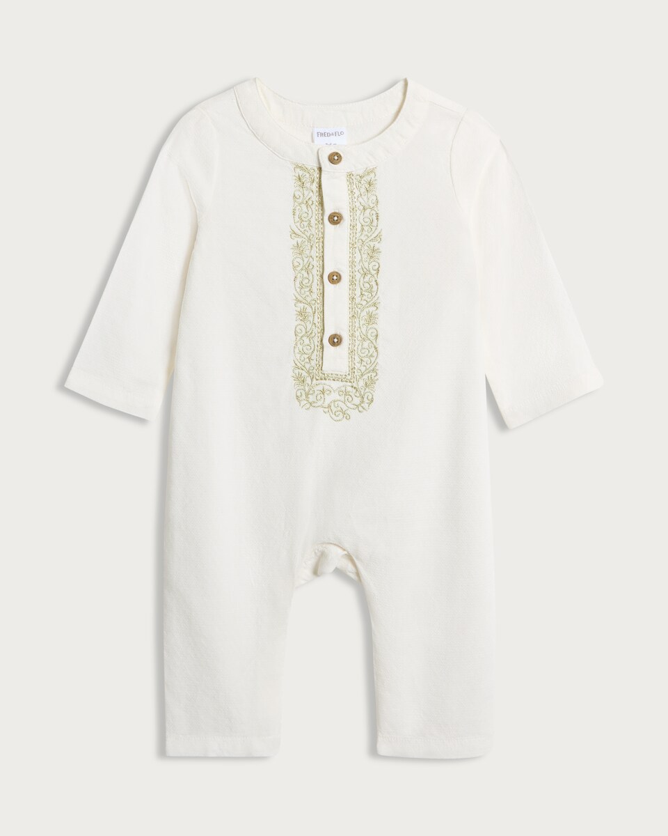 image 1 of F&F Baby Cotton Blend Embroidered Diwali Romper in White