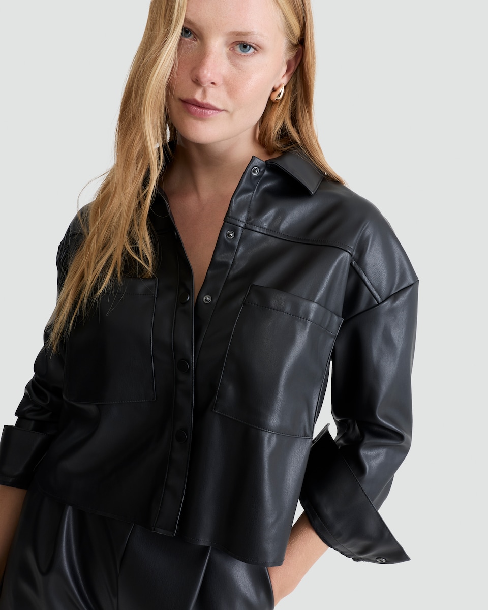 image 1 of F&F Faux Leather Button Up Collared Shirt in Black