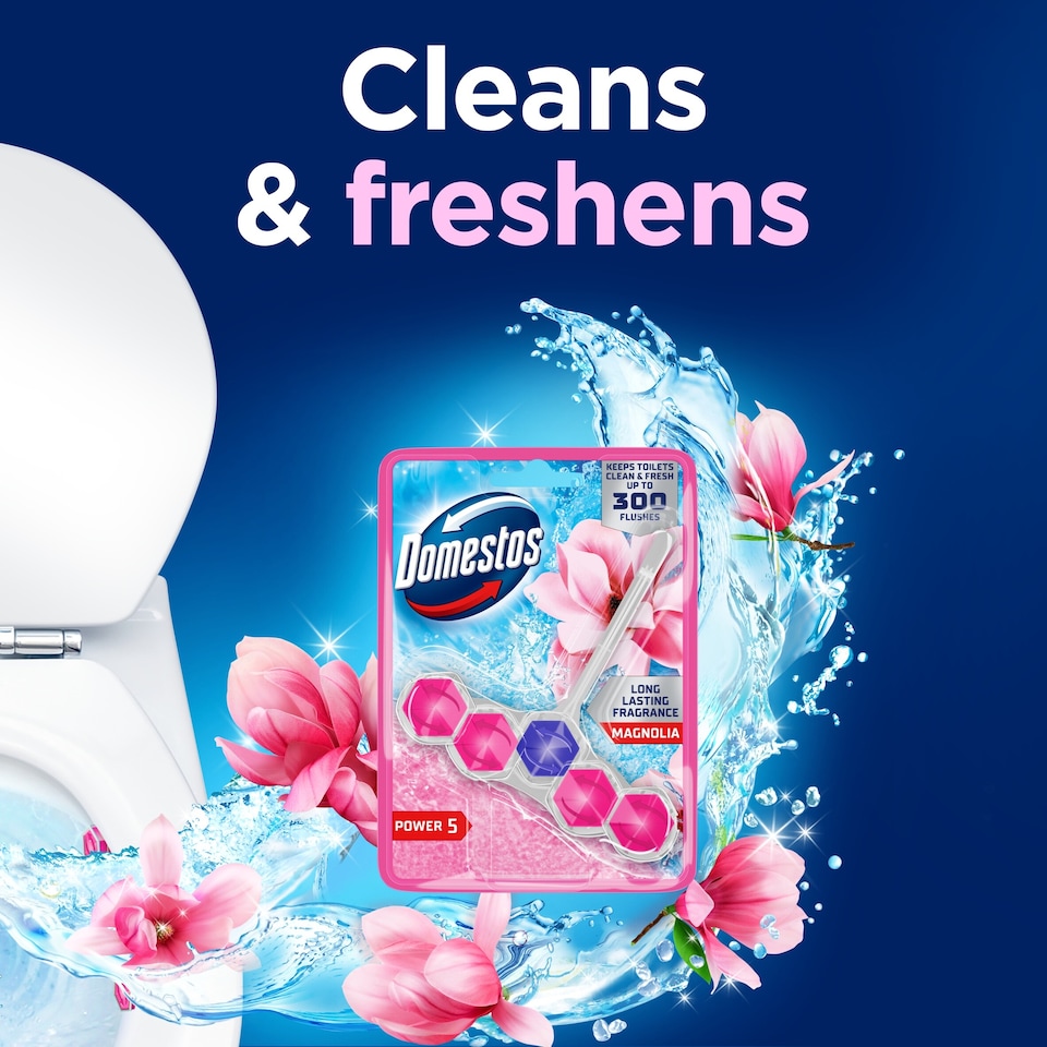 image 1 of Domestos Power 5 Toilet Rim Block Freshener Pink Magnolia 50g