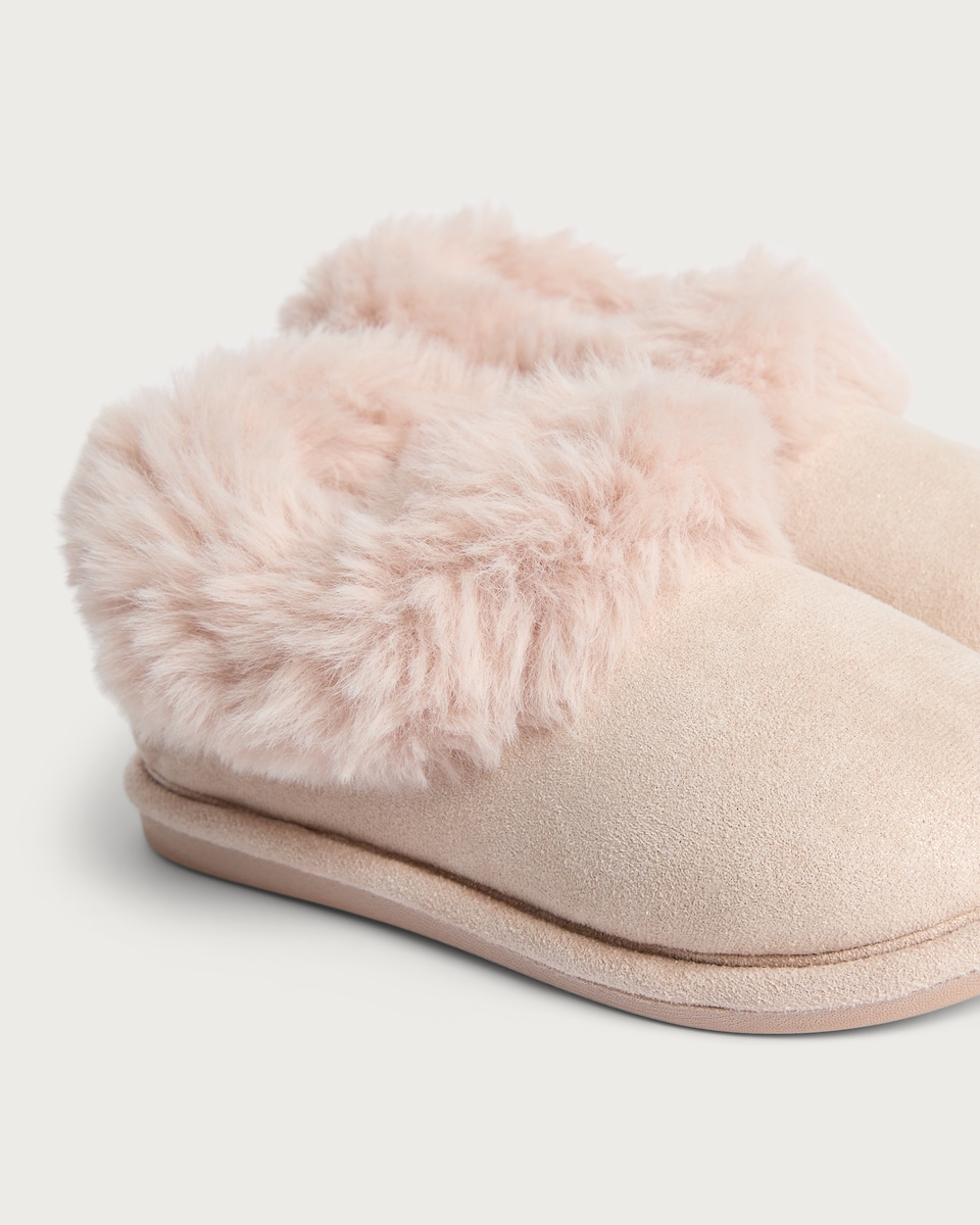 image 1 of F&F Girls Faux Fur Trim Slippers in Pink